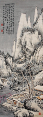 钱松岩——仿古山水《雪景山水》 | <br/>钱松岩(1899.9~1985.9)，当代画家,江苏宜兴人。曾任江苏省国画院院长、名誉院长，江苏省美术家协会主席，中国美术家协会常务理事、顾问，是当代中国山水画主要代表人之一。钱松岩以诗思、书意融入画法，常用秃笔中锋，以稳健、凝重、沉着、浑厚为典型特色，意境深邃隽永，富有生活情趣。