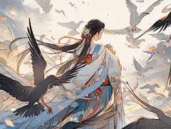 牛郎织女鹊桥相会中国古代神话故事人物插画情人节