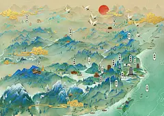 小清新水彩风格古风风景插画 九州地图图片下载