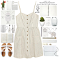 A fashion look from September 2015 featuring white sweetheart neckline dress, white flat sandals and cross body messenger bag. Browse and shop related looks.