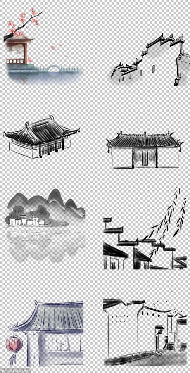 源文件-大气水墨 古典 古镇 建筑 PNG免扣设计素材-花瓣网