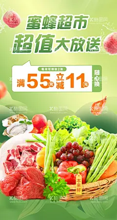 生鲜超市促销活动海报  - 源文件下载【酷图网】生鲜,果蔬,猪肉,水蜜桃,促销,海报,展架