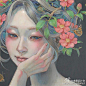 日本艺术家Miho Hirano绘制的少女油画，以自然景物中的花朵以及小动物来装饰，画面清新脱俗，唯美动人。#求是爱设计#