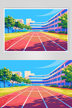 AI数字艺术扁平风校园球场操场插画-众图网
