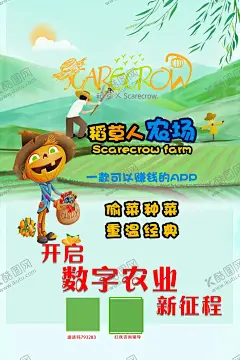 稻草人推广海报5 【酷图网】稻草人,农场,田野,田园,水稻,岛屿,二维码,推广,邀请码,赚钱,APP,搞笑,逗笑,草帽,番茄,橙子,芒果,蓝莓,车厘子,樱桃,偷菜,种菜,经典,农业数字,数字农业,开启,新征程,笑眯眯,福袋,一款,微信,区块链,项目,稻田,圆圈,特写,稻穗,白云,山峦,柳叶,太阳,农民,镐把,梯田,收获,锄禾