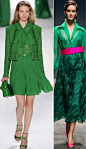 　绿色
　　碧草如茵的深绿色今年异军突起，你可以很容易在各家品牌找到非常出色的绿色单品，掀起这波熱潮的要算是以红绿织帶为经典设计的Gucci，饱和度超高的色彩为服装帶來动感与活力，而这种绿色更经常出現在艺术家如马蒂斯、毕卡索的用色里，是一种可以激励士气，鼓舞人跳脫常规的振奋色彩。而绿色更是人们渴望大自然的象征，像Gucci它拥有和其余色彩相容的无限可能，充沛生命力也让時尚充满生机。