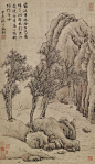 明 唐寅 霜林独行图
【霜后平林含古色，雨余流涧杂风声。空山岁晚无车马，一坞斜阳照独行。】