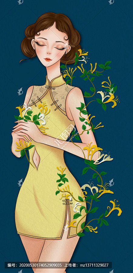 旗袍美女 手绘美女 旗袍美人 古典美女 花茶 手绘插画 美容养生插画