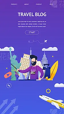 Travel Blog for Interesting Sights Country TravelTravel Blog for Interesting Sights Country Travel. Banner Vector Illustration Young Bearded Man Tells what to See in City Travel. Interesting Historical Places. Online Study Tour. Flying Plane