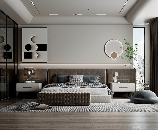 现代卧室，布艺双人床，木质床头柜，台灯，...
