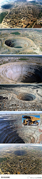 位于俄罗斯西伯利亚的“和平”钻石矿坑（Mirna Diamond mine） 是世界上最大的人造洞穴，这个巨大的洞穴直径大约1600米，深度达533米，汽车从坑底到坑顶将耗用1.5到2个小时。 它曾是前苏联最主高国家机密，从上世纪五十年代开始，它挖出的钻石占全球23%的钻石产出量，也是地球上最大的伤疤之一。