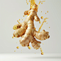 Minimalist realistic photography, ginger suspended in the air, the background is pure white, the background is very clean, a few drops of ginger essence on the ginger, exquisite close-up, high resolution. Microscale studio shooting captures intricate deta