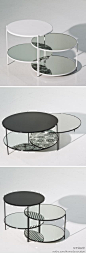 【池塘矮桌】日本设计师nendo为意大利品牌Moroso设计的矮桌组合，名为池塘，利用高低错落的桌面展示出桌子底部的图案花纹。圆形错落的桌面设计仿佛荷塘上的荷叶，周围的树木茂盛、春暖花开，打造出大自然的沉默、静谧的感觉。桌子的反射镜面更象征着地球的一般光明和一般黑暗，寓意深刻@乔二宝大丸子