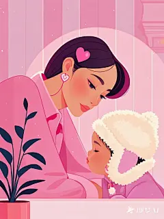 时髦的女性，和一位小孩，简洁柔和插画，粉色系 (1)