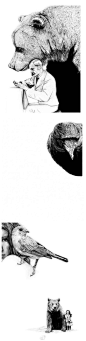 来自Amy Dover的一组手绘铅笔黑白插画，以人与动物为主题。Amy Dover的作品描绘出自然的另一面，黑暗的一面，她铅笔绘制下的鸟，熊，狐狸带有手绘特有的细腻。