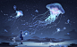 Anime 5200x3200 jellyfish night sky clouds stars fish bright