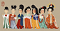【汉族文化小常识】唐朝女装乃至发型、妆容都有它的流行周期，不是两百多年年都坦胸，不同时期有不同的风尚。武周时代流行的穿着确实非常暴露。燕王的插画展现了整个唐朝女装和发型的一个大概变化，当然只是选择每个时期比较常见的装束，并不代表全部。从左往右：太宗时期 高宗时期 武周时期 开元时期 天宝时期 中唐 晚唐 （图：燕王WF）