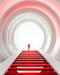 a white abstract scene with a red colored stairway, in the style of circular shapes, 32k uhd, streamlined design, rim light, utilizes, technological design, innovative page design