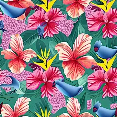 照片:芙蓉无缝花卉织物植物性纺织图案背景与热带花卉