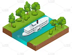 等距老明轮船船在河上。水上交通工具。骑在河上。平的 3d 图。图表和设计