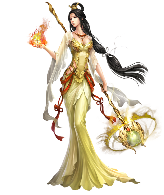 中国风武侠游戏仙侠人物女性美女法师丝带高清免扣火黄衣