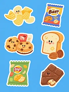 一套6款不同零食系列的插画集合，保持原有的卡通手绘风格，线条圆润流畅，色彩鲜艳明快，采用纯色背景，整体色彩进行变换调整，画面中包含薯片、饼干、曲奇、面包、坚果、巧克力，每种零食都有独特的包装设计和食物形态，它们被规整地排布在画面中，形成一个和谐统一的零食组合插画，具有强烈的视觉吸引力和童趣感。