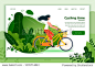 Vector illustration - bicycle riding girl. Park  forest  trees and hills on background. Banner  site  poster template with place for your text.
