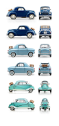 Micromobiles: 1949 Fiat 500C Topolino, 1959 Vespa 400, 1959 Messerschmitt KR200 // classic and vintage car design: 