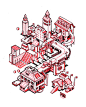 Mini Cities : isometric illustration in two color inks.