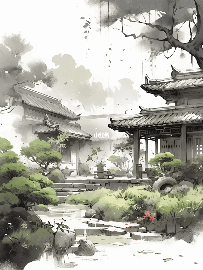 古风插画：庭院