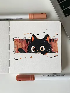 萌蠢小黑猫‍⬛躲猫猫 | 丙烯马克笔附过程
小黑猫‍⬛躲猫猫，谁能抓住它
：@太阳能小山炮 大大
：轻听文创12×12水彩本
️：阿泰诗丙烯马克笔