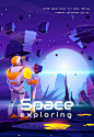 Space exploring cartoon poster. astronaut on alien planet in far galaxy cosmonaut in suit and helmet hold staff looking on unusual landscape