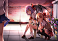 2girls ello-chan flandre_scarlet remilia_scarlet seifuku sunset touhou wings wink