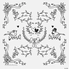 优雅黑白镂空线描花卉花鸟花朵树叶子EPS矢量素材