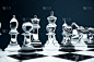 3D插图棋类游戏在船上。概念、商业理念和战略理念。玻璃象棋人物在黑暗的背景与景深的效果