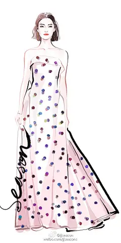 #jjseason插画# #明星红毯礼服插画# ----- #杜鹃# 身着Zac Posen礼服长裙，温婉柔美仙女气质出席@VOGUE服饰与美容  十一周年庆祝派对。O文艺高冷气质超模杜鹃