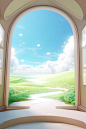 a window through which a green field appears on a white background, in the style of otherworldly illustrations, sky-blue and beige, immersive environments, playful cartoonish illustrations, illusionistic ceiling frescoes, daz3d, richly detailed background