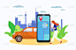 在线汽车共享服务，手机城市交通矢量图与智能手机上的汽车地图位置。租的车。