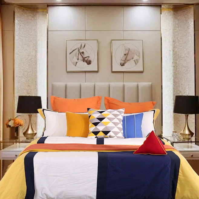 现代彩色样板房间橙色黄色床上用品男孩房软...