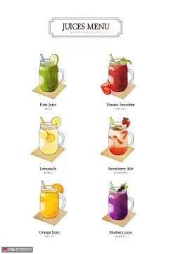 草莓猕猴桃果汁菜单美食插画 食品插画 西式美食