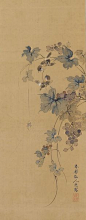 Japanese Fine Art Wall Hanging Painting Antique Sparrows in Grapes Hanging Scroll Kakejiku