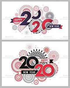 创意扁平风2020复古新年烟花背景跨年艺术插画海报矢量图设计素材-淘宝网