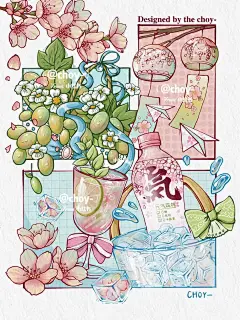 procreate原创插画｜樱花葡萄｜附线稿 : 听说元气森林出了春季限定啦～樱花和白葡萄的巧妙结合，喝起来清爽又不怕胖，这次的瓶身设计也很吸引我超有创意，外包装采用温变设计，冰镇后会开出一朵朵小樱花哦！ 工具：iPad Pro2021+apple