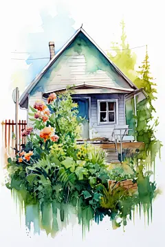 绿植房屋花园植物艺术水彩建筑画作插画