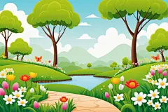 大树花丛花草植物插画背景图