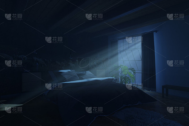 3d渲染的复古卧室与舒适的低床在晚上