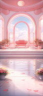 3d backdrop for your anime girl scene pink aw, in the style of architectural compositions, rich tonal palette, daz3d, light orange and white, coastal scenes, rococo interiors, asymmetric compositions