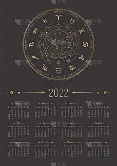 矢量垂直的2022年日历与华丽的金色黄道圈和天文符号在黑色背景。A3, A2星座海报。带有线性插图的