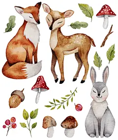 彩绘风可爱动植物兔子插画素材