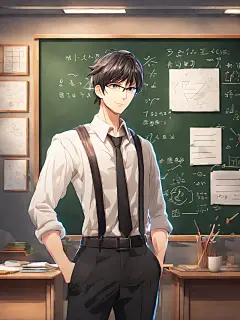站在黑板前的老师动漫风AI数字艺术